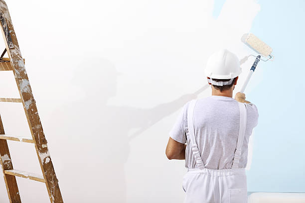 painter man at work with a paint roller on the wall